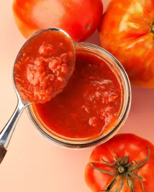 Ein Blick ins Glas von Paradajz, einem Bio Tomatensugo, von BioBalkan