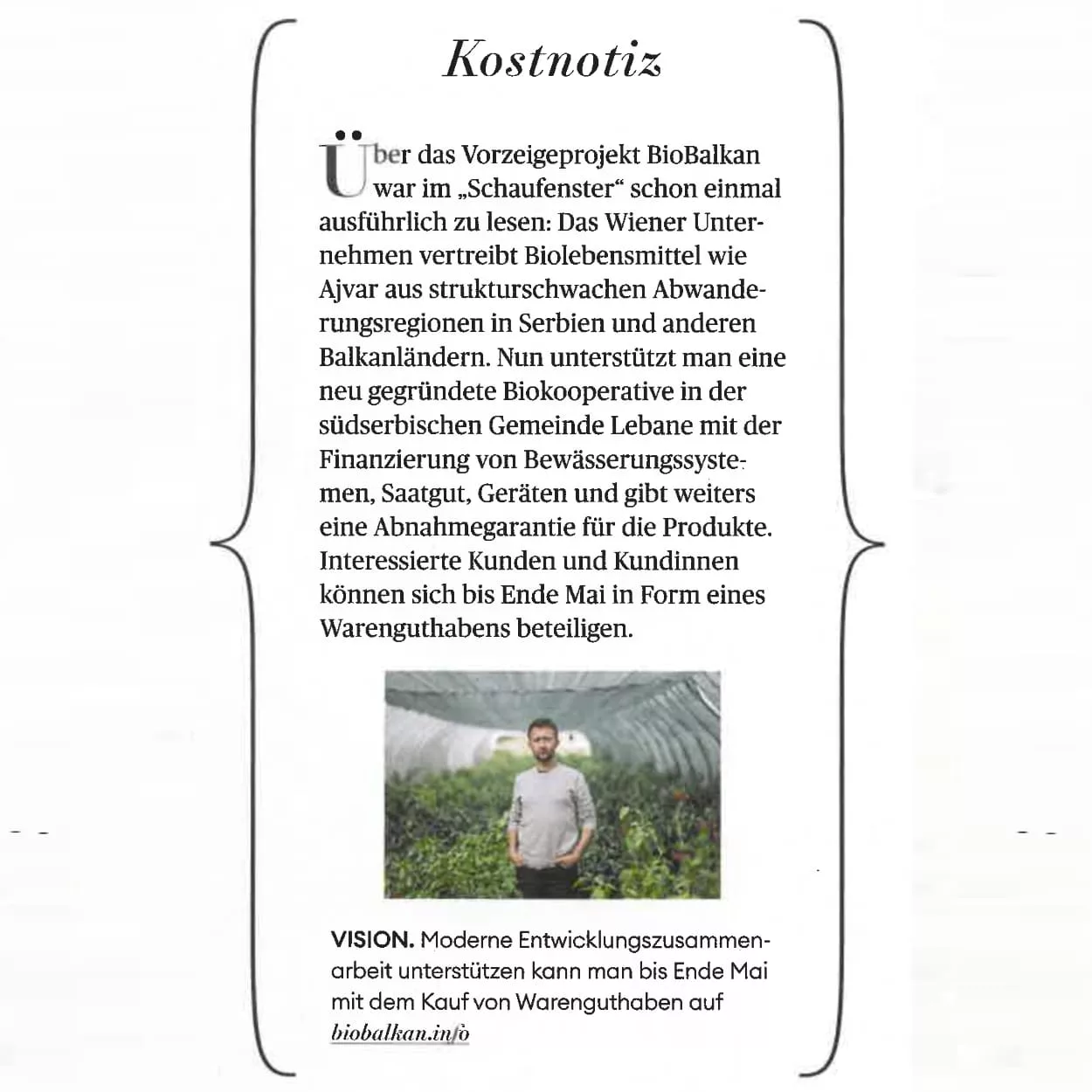 Die Presse, Schaufenster, Kostnotiz über BioBalkan